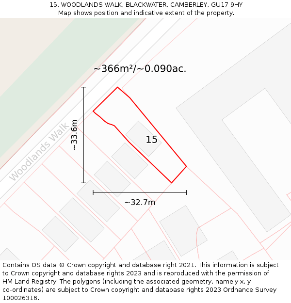 15, WOODLANDS WALK, BLACKWATER, CAMBERLEY, GU17 9HY: Plot and title map