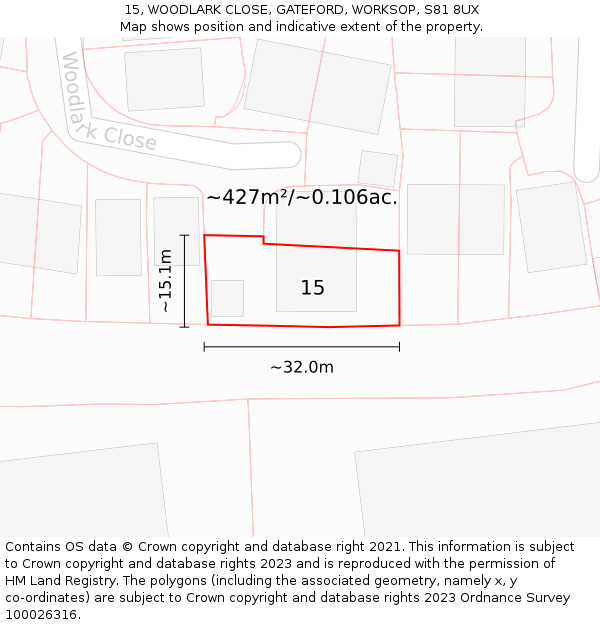 15, WOODLARK CLOSE, GATEFORD, WORKSOP, S81 8UX: Plot and title map