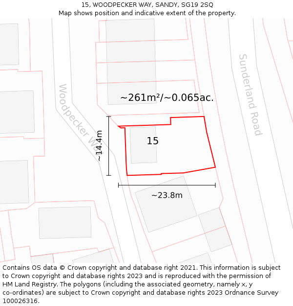 15, WOODPECKER WAY, SANDY, SG19 2SQ: Plot and title map