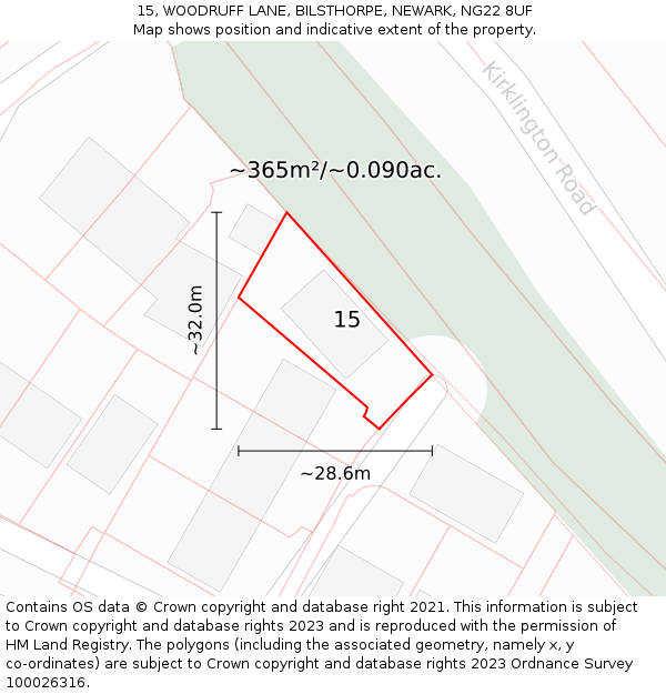 15, WOODRUFF LANE, BILSTHORPE, NEWARK, NG22 8UF: Plot and title map