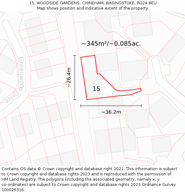15, WOODSIDE GARDENS, CHINEHAM, BASINGSTOKE, RG24 8EU: Plot and title map