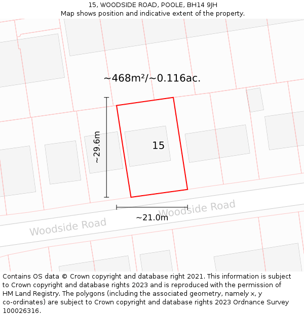 15, WOODSIDE ROAD, POOLE, BH14 9JH: Plot and title map