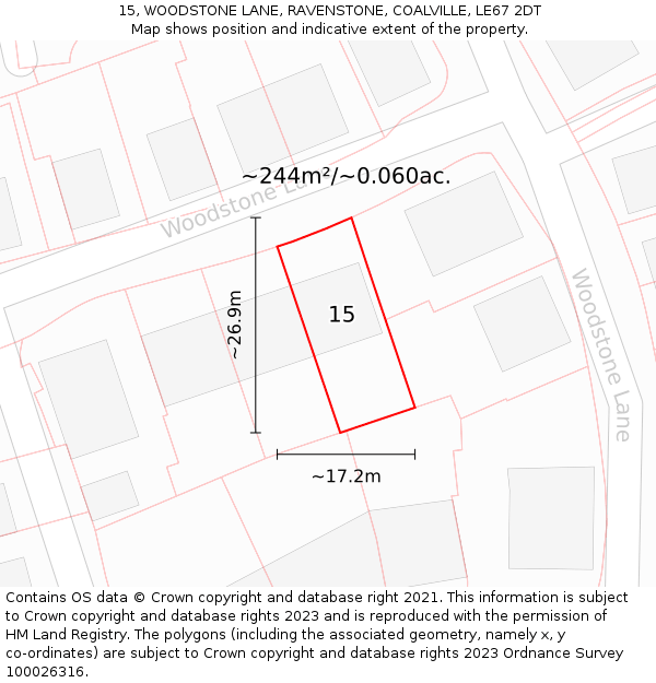 15, WOODSTONE LANE, RAVENSTONE, COALVILLE, LE67 2DT: Plot and title map