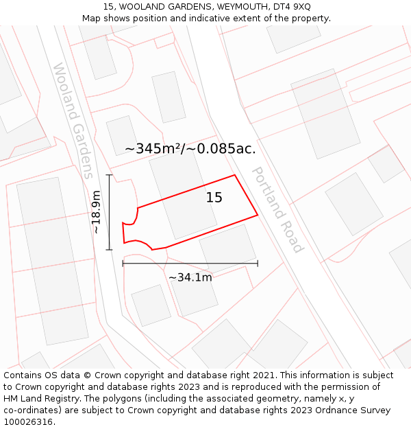 15, WOOLAND GARDENS, WEYMOUTH, DT4 9XQ: Plot and title map