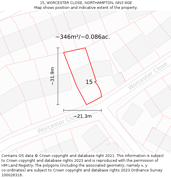 15, WORCESTER CLOSE, NORTHAMPTON, NN3 9GE: Plot and title map