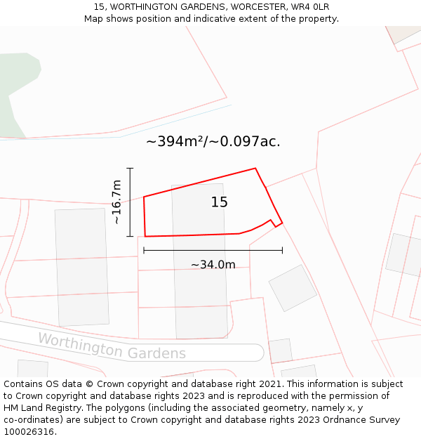 15, WORTHINGTON GARDENS, WORCESTER, WR4 0LR: Plot and title map