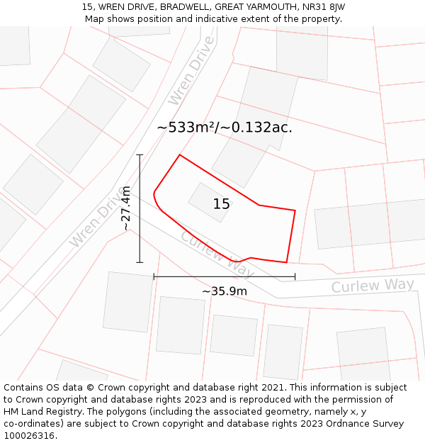 15, WREN DRIVE, BRADWELL, GREAT YARMOUTH, NR31 8JW: Plot and title map