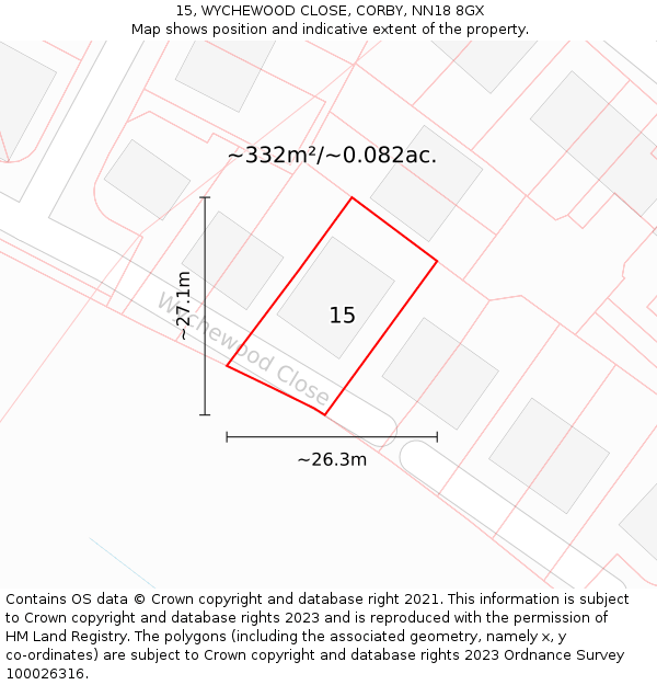 15, WYCHEWOOD CLOSE, CORBY, NN18 8GX: Plot and title map