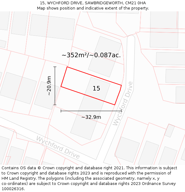 15, WYCHFORD DRIVE, SAWBRIDGEWORTH, CM21 0HA: Plot and title map