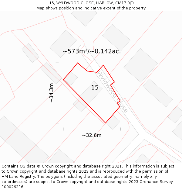 15, WYLDWOOD CLOSE, HARLOW, CM17 0JD: Plot and title map