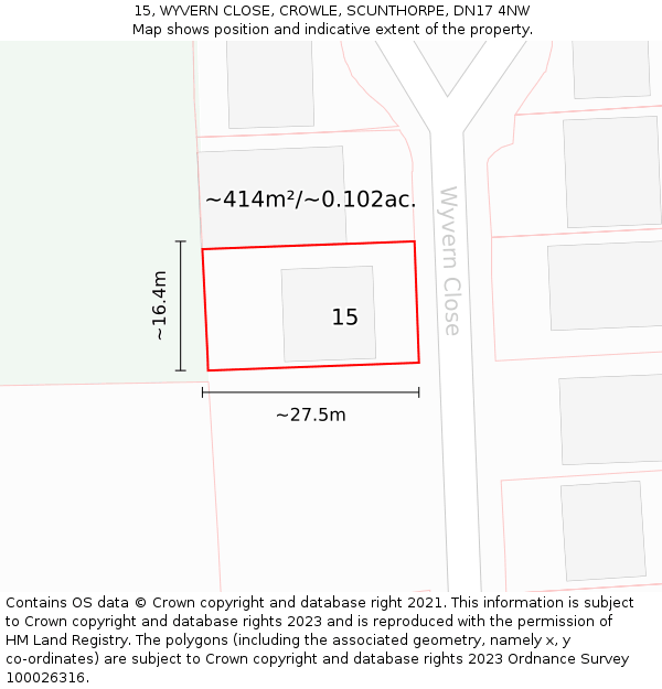 15, WYVERN CLOSE, CROWLE, SCUNTHORPE, DN17 4NW: Plot and title map