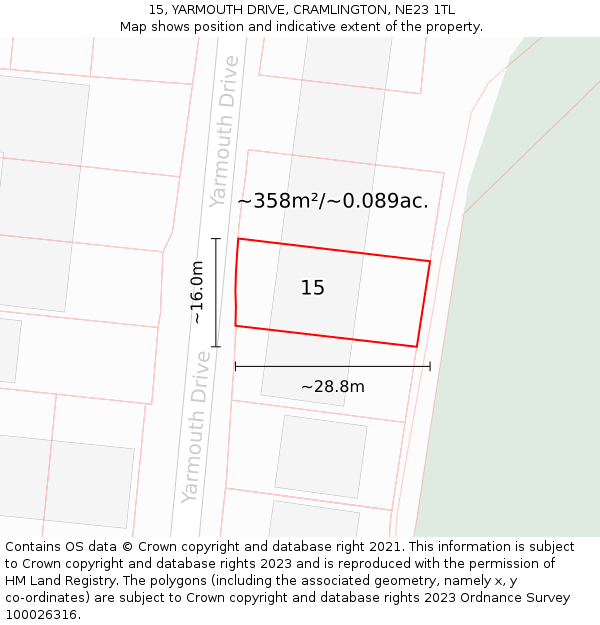 15, YARMOUTH DRIVE, CRAMLINGTON, NE23 1TL: Plot and title map