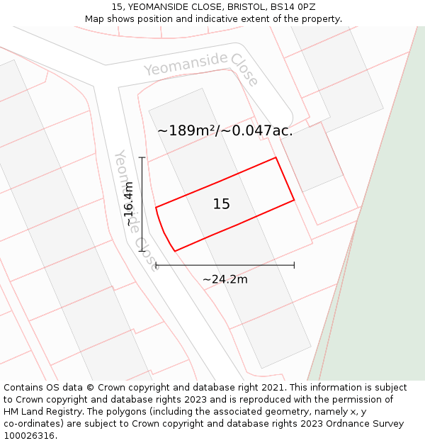 15, YEOMANSIDE CLOSE, BRISTOL, BS14 0PZ: Plot and title map