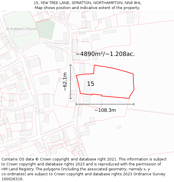 15, YEW TREE LANE, SPRATTON, NORTHAMPTON, NN6 8HL: Plot and title map