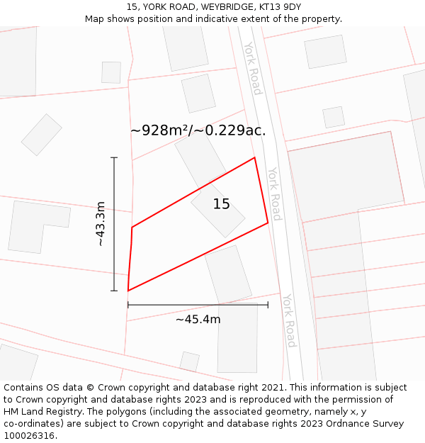 15, YORK ROAD, WEYBRIDGE, KT13 9DY: Plot and title map