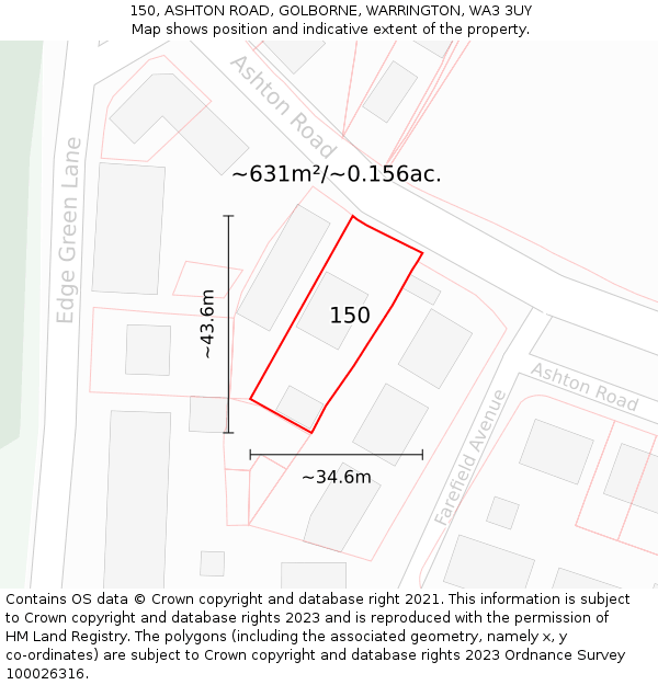 150, ASHTON ROAD, GOLBORNE, WARRINGTON, WA3 3UY: Plot and title map