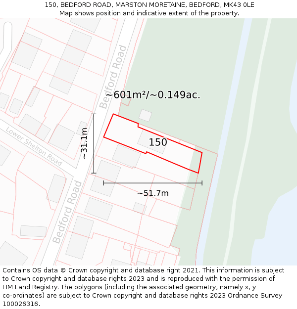 150, BEDFORD ROAD, MARSTON MORETAINE, BEDFORD, MK43 0LE: Plot and title map