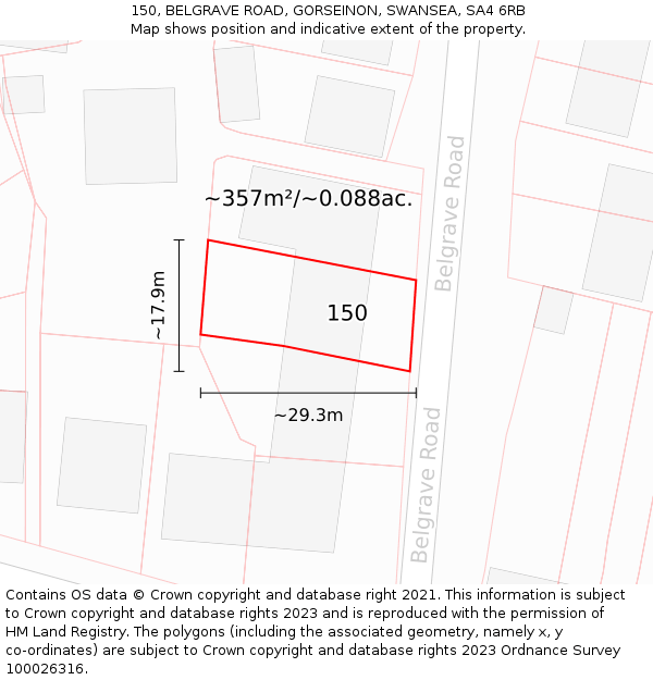 150, BELGRAVE ROAD, GORSEINON, SWANSEA, SA4 6RB: Plot and title map