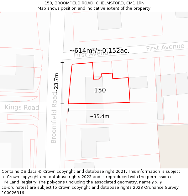 150, BROOMFIELD ROAD, CHELMSFORD, CM1 1RN: Plot and title map