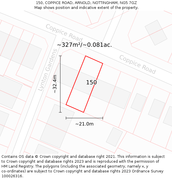 150, COPPICE ROAD, ARNOLD, NOTTINGHAM, NG5 7GZ: Plot and title map