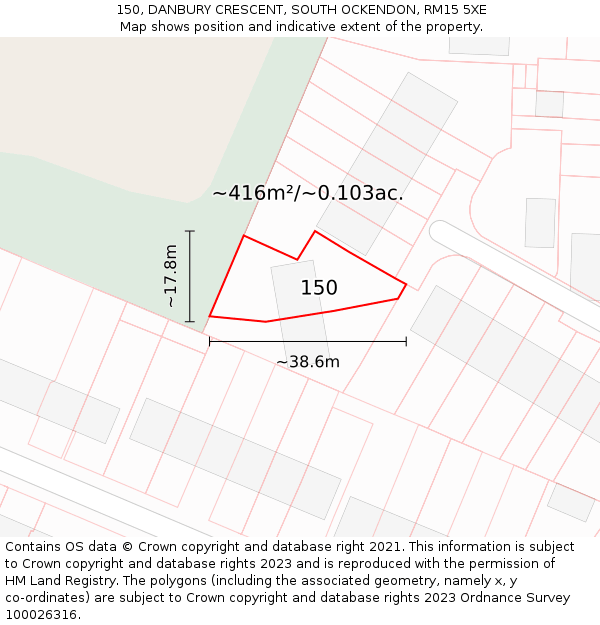 150, DANBURY CRESCENT, SOUTH OCKENDON, RM15 5XE: Plot and title map