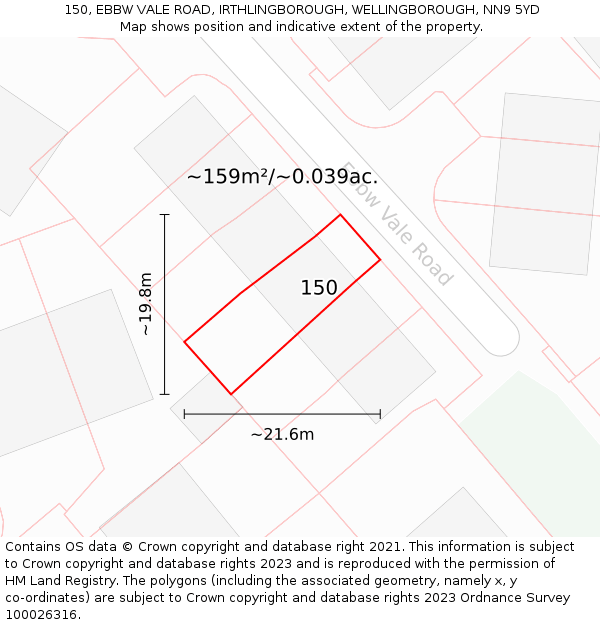 150, EBBW VALE ROAD, IRTHLINGBOROUGH, WELLINGBOROUGH, NN9 5YD: Plot and title map