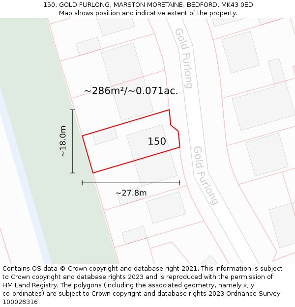 150, GOLD FURLONG, MARSTON MORETAINE, BEDFORD, MK43 0ED: Plot and title map