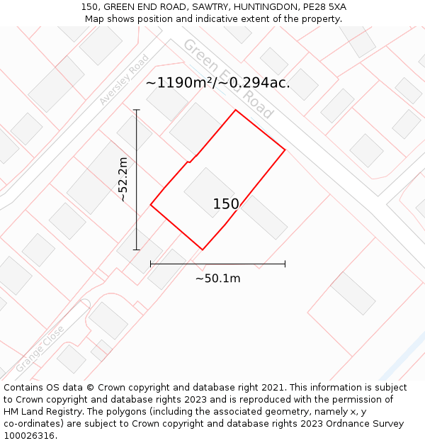 150, GREEN END ROAD, SAWTRY, HUNTINGDON, PE28 5XA: Plot and title map