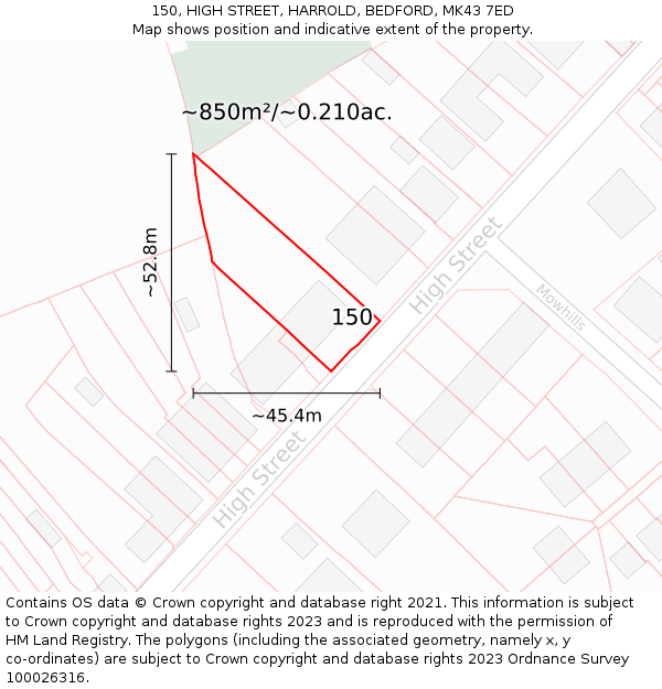 150, HIGH STREET, HARROLD, BEDFORD, MK43 7ED: Plot and title map