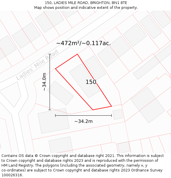 150, LADIES MILE ROAD, BRIGHTON, BN1 8TE: Plot and title map