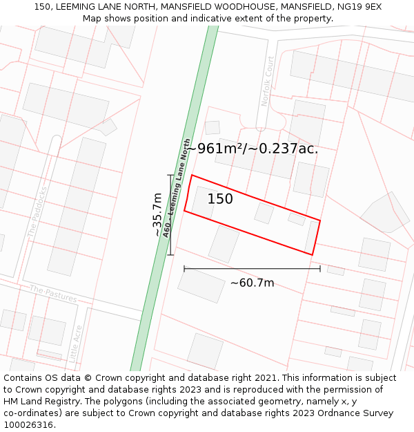 150, LEEMING LANE NORTH, MANSFIELD WOODHOUSE, MANSFIELD, NG19 9EX: Plot and title map