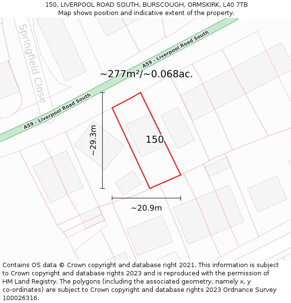 150, LIVERPOOL ROAD SOUTH, BURSCOUGH, ORMSKIRK, L40 7TB: Plot and title map