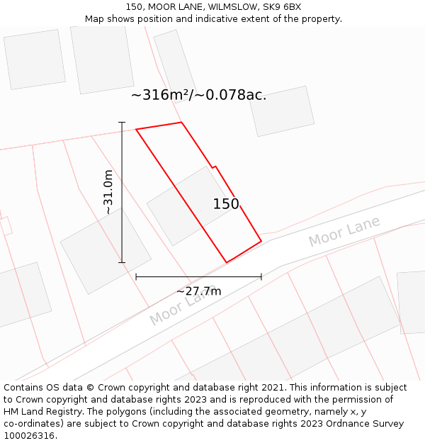 150, MOOR LANE, WILMSLOW, SK9 6BX: Plot and title map