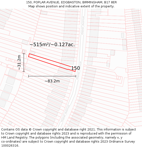 150, POPLAR AVENUE, EDGBASTON, BIRMINGHAM, B17 8ER: Plot and title map