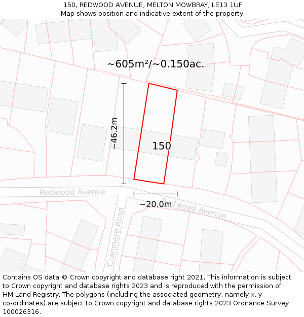 150, REDWOOD AVENUE, MELTON MOWBRAY, LE13 1UF: Plot and title map
