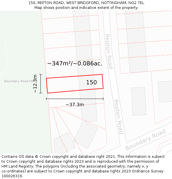 150, REPTON ROAD, WEST BRIDGFORD, NOTTINGHAM, NG2 7EL: Plot and title map