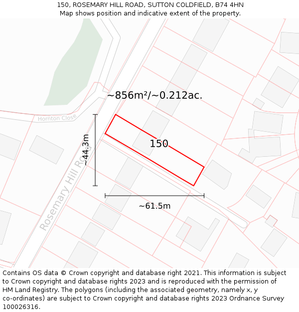 150, ROSEMARY HILL ROAD, SUTTON COLDFIELD, B74 4HN: Plot and title map