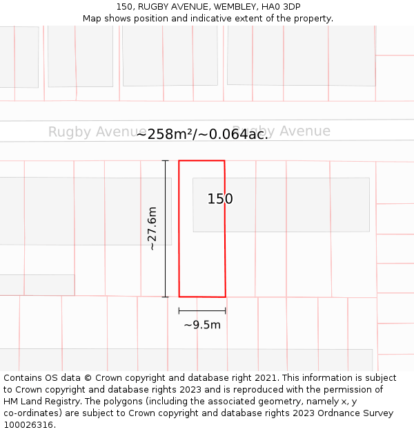150, RUGBY AVENUE, WEMBLEY, HA0 3DP: Plot and title map