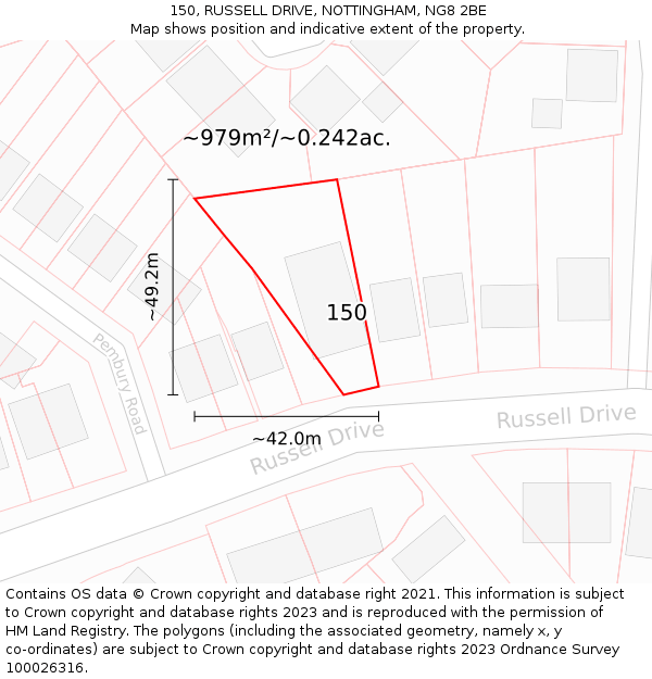 150, RUSSELL DRIVE, NOTTINGHAM, NG8 2BE: Plot and title map