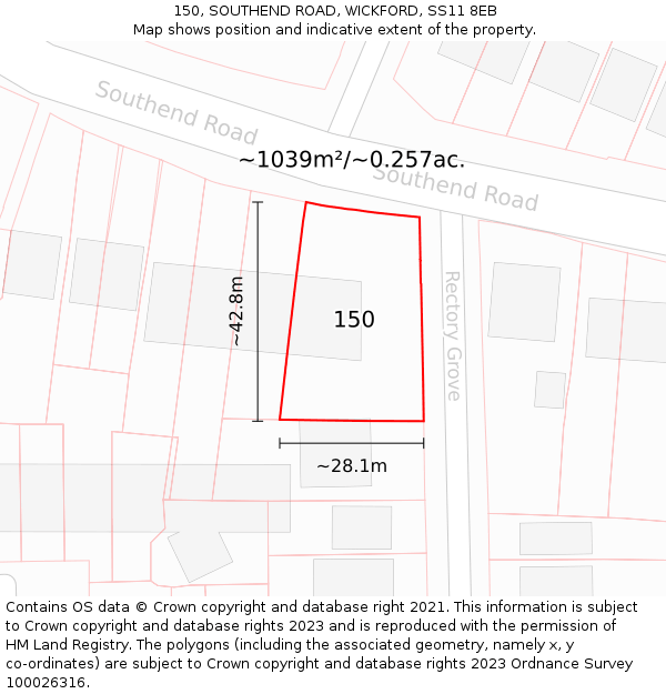 150, SOUTHEND ROAD, WICKFORD, SS11 8EB: Plot and title map