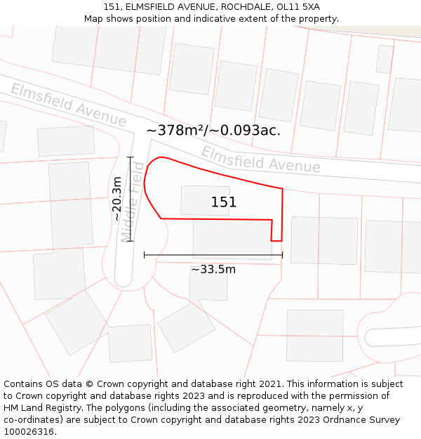 151, ELMSFIELD AVENUE, ROCHDALE, OL11 5XA: Plot and title map