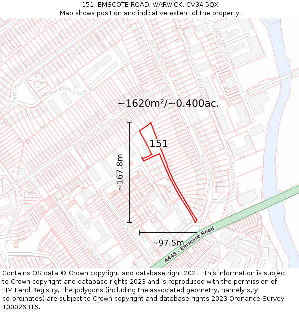 151, EMSCOTE ROAD, WARWICK, CV34 5QX: Plot and title map
