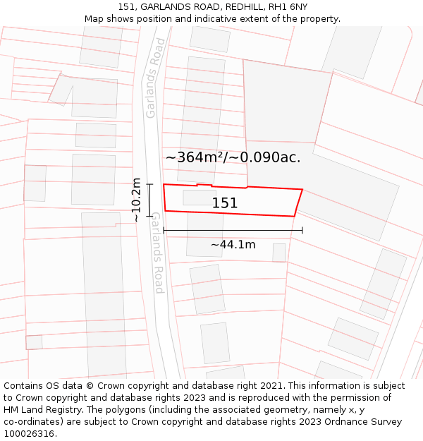 151, GARLANDS ROAD, REDHILL, RH1 6NY: Plot and title map