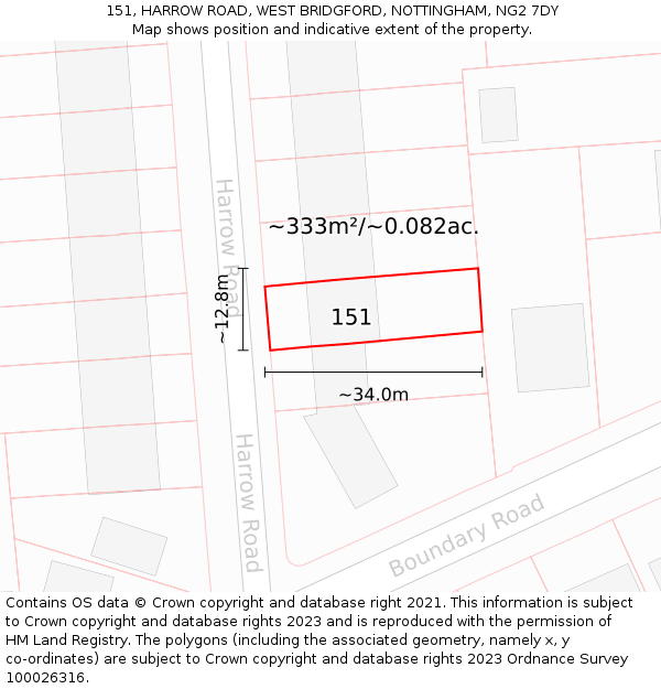 151, HARROW ROAD, WEST BRIDGFORD, NOTTINGHAM, NG2 7DY: Plot and title map