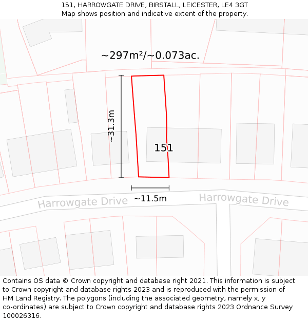 151, HARROWGATE DRIVE, BIRSTALL, LEICESTER, LE4 3GT: Plot and title map