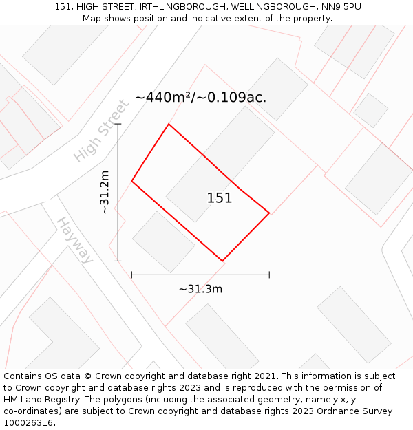 151, HIGH STREET, IRTHLINGBOROUGH, WELLINGBOROUGH, NN9 5PU: Plot and title map