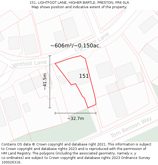 151, LIGHTFOOT LANE, HIGHER BARTLE, PRESTON, PR4 0LA: Plot and title map