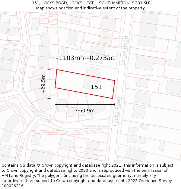 151, LOCKS ROAD, LOCKS HEATH, SOUTHAMPTON, SO31 6LF: Plot and title map