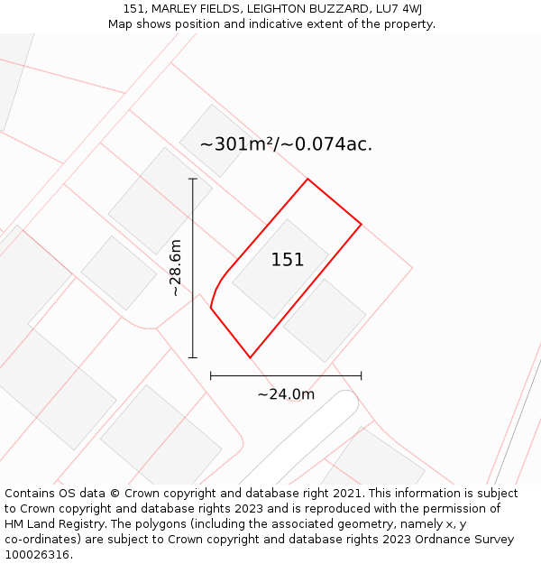 151, MARLEY FIELDS, LEIGHTON BUZZARD, LU7 4WJ: Plot and title map