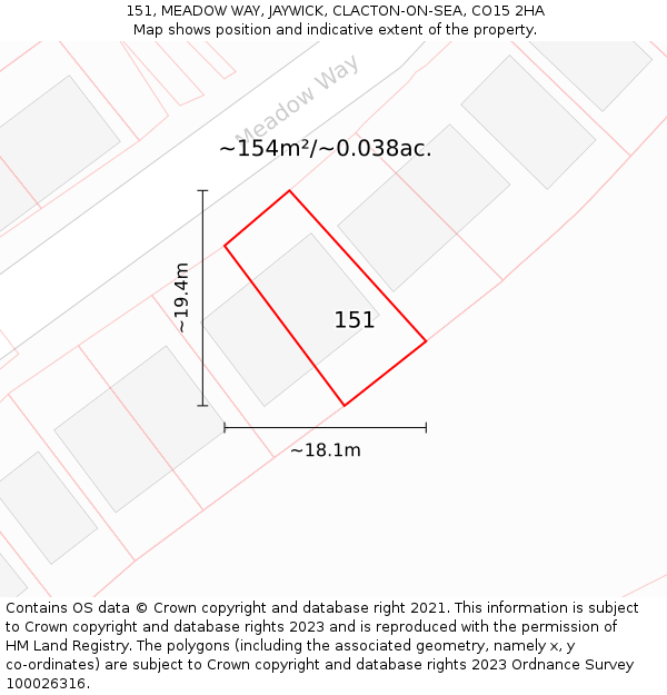 151, MEADOW WAY, JAYWICK, CLACTON-ON-SEA, CO15 2HA: Plot and title map